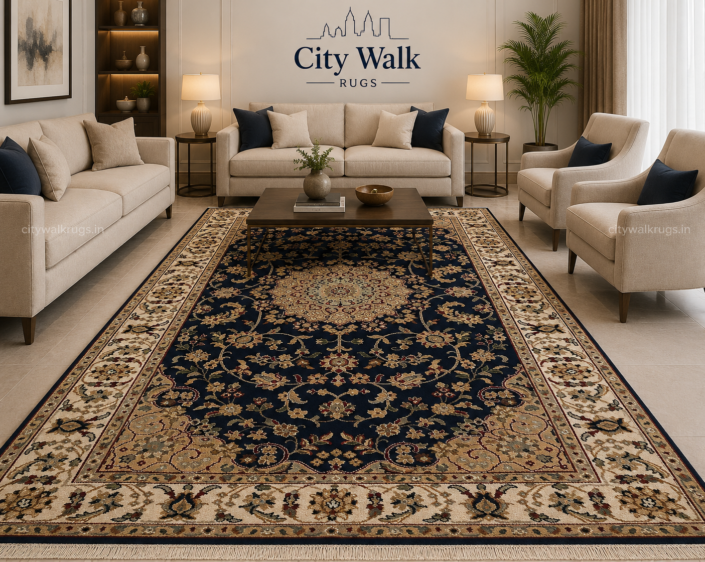 Premium handmade rug in a luxurious modern interior — City Walk Rugs Bhadohi