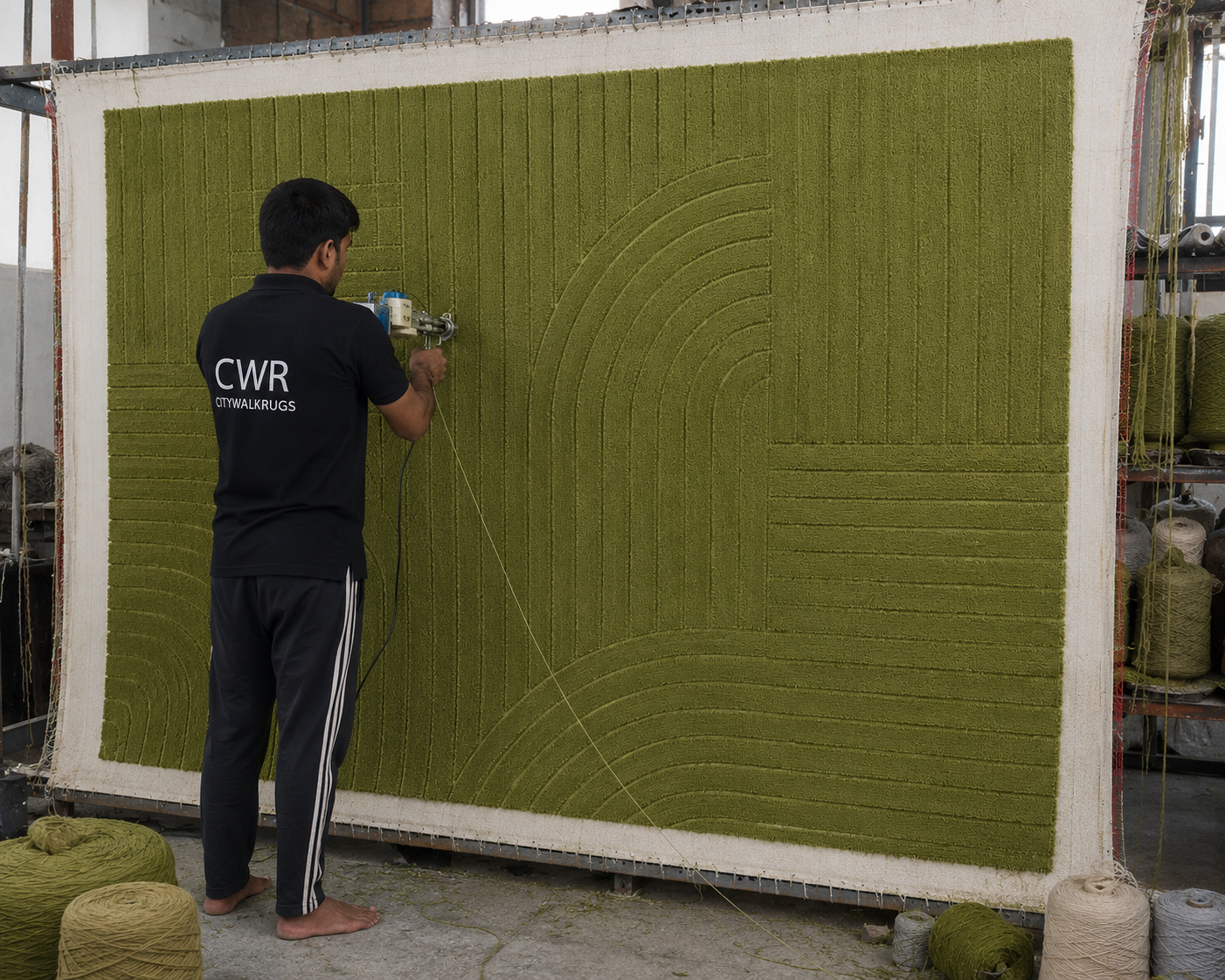Master weaver at the loom — City Walk Rugs Bhadohi